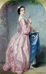 Dame holder blomster i underkjolen, 1800-tallet (akvarell på papir)